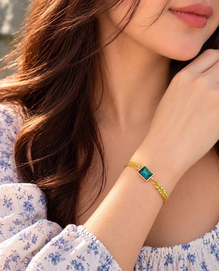 Emerald Green Crystal Gold Chain Bracelet